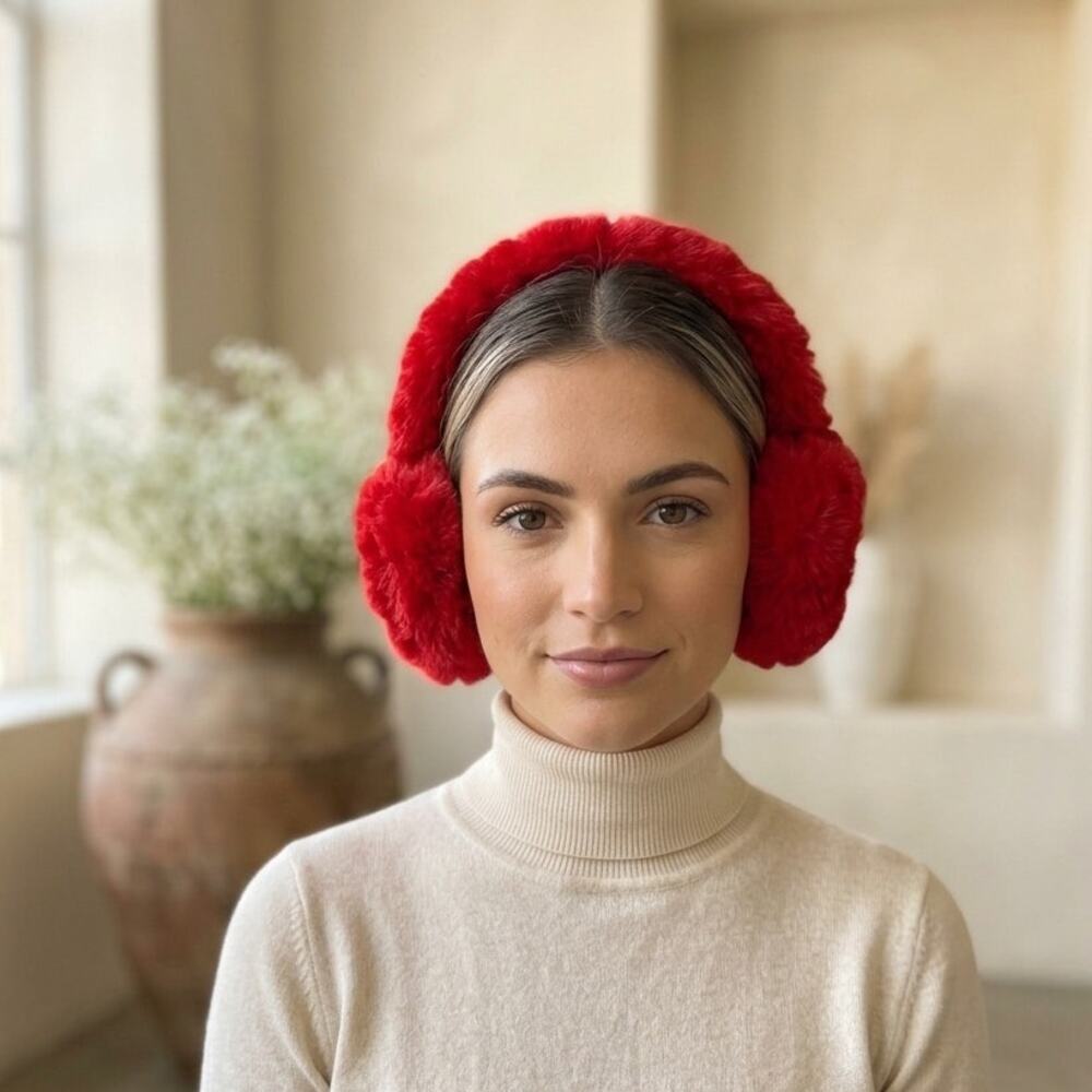 NEW Handmade Earmuffs Womens Red Faux Fur Crystal Rhinestone Embellishment